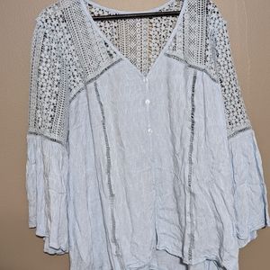 Lace Crochet V Neck Bell Sleeve Button Down Top